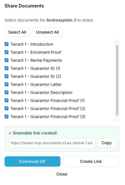 Share documents modal with download and link options