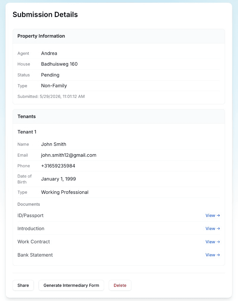Submission details with property and tenant information